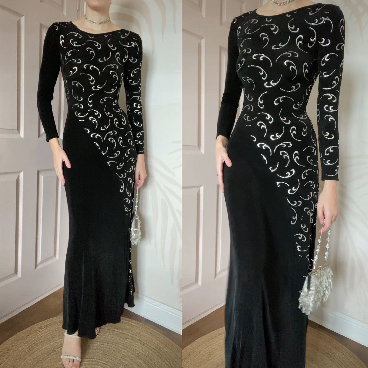Bernshaw black stretch glitter long sleeve evening dress UK 10