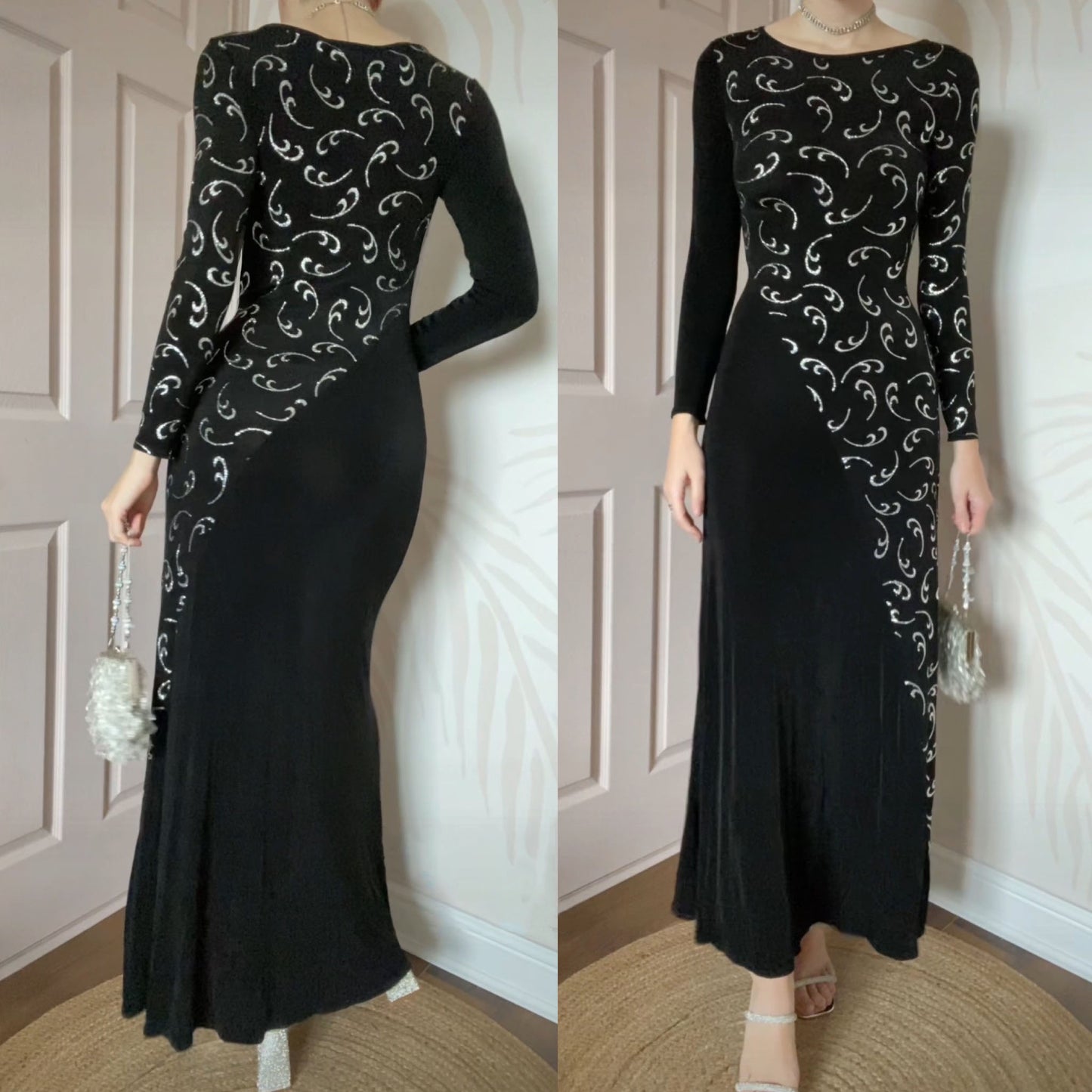 Bernshaw black stretch glitter long sleeve evening dress UK 10