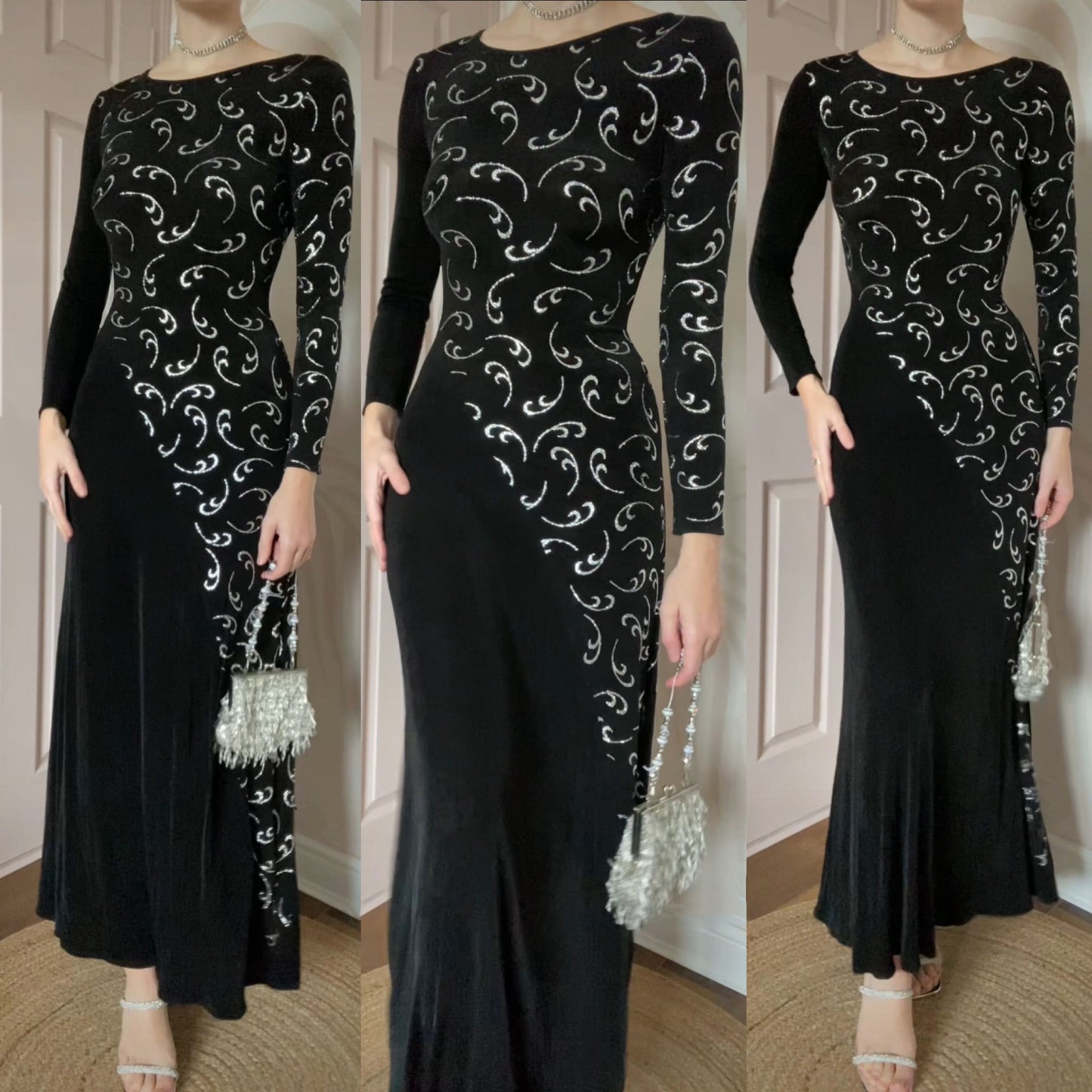 Bernshaw black stretch glitter long sleeve evening dress UK 10
