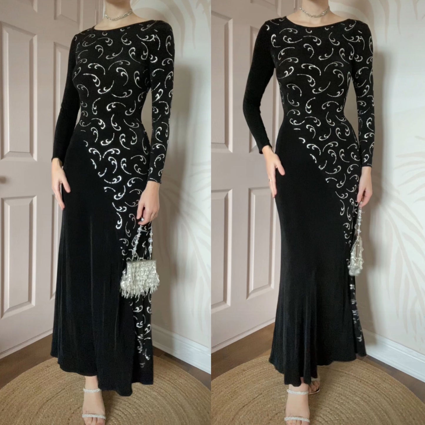 Bernshaw black stretch glitter long sleeve evening dress UK 10