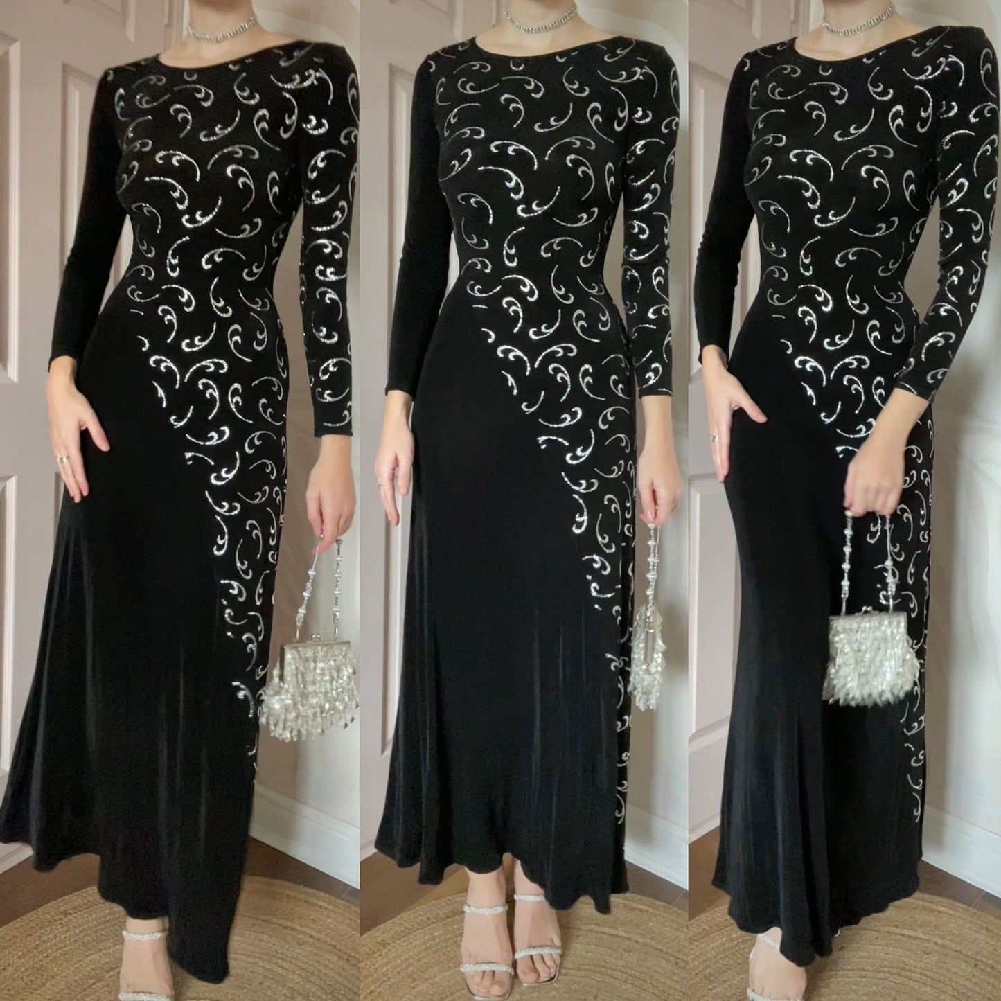 Bernshaw black stretch glitter long sleeve evening dress UK 10