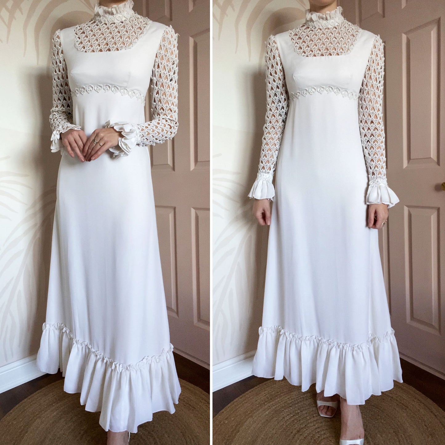 70s long sleeve crochet wedding dress UK 10