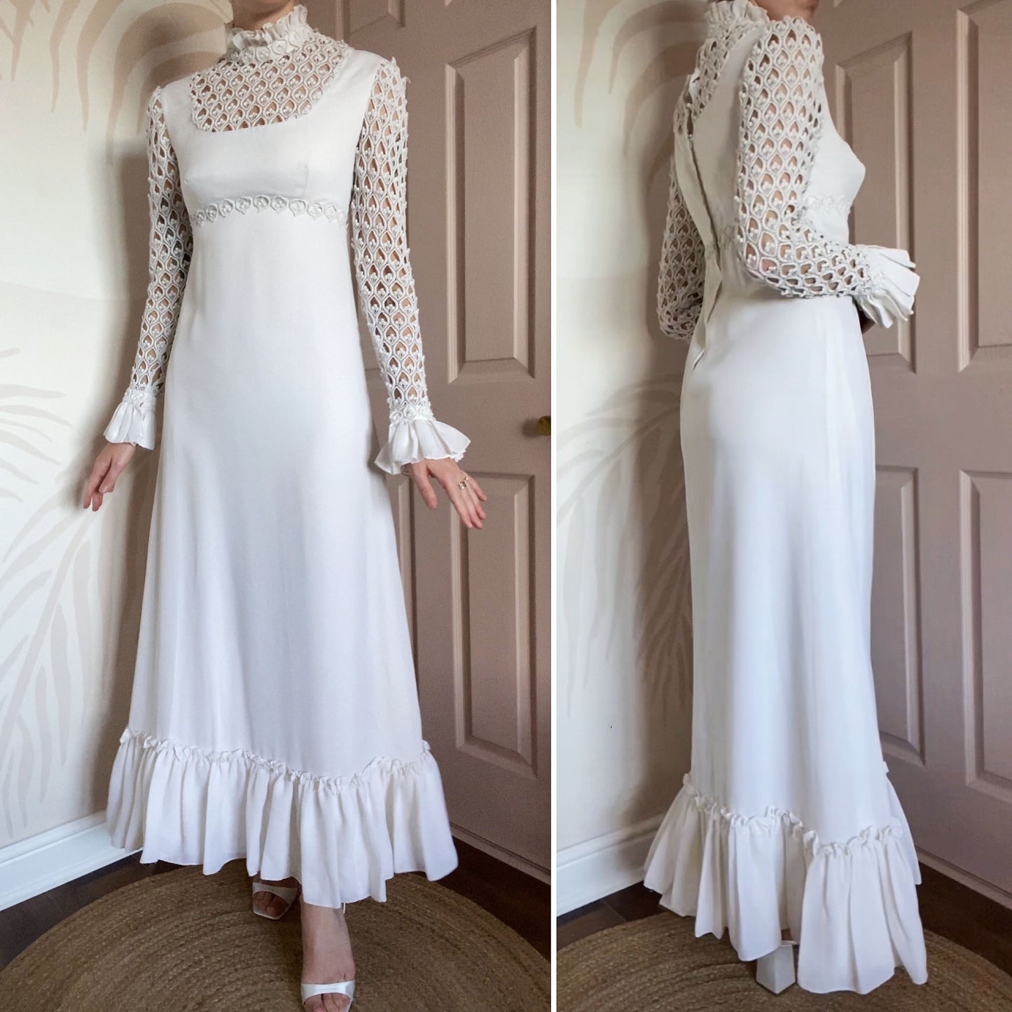 70s long sleeve crochet wedding dress UK 10