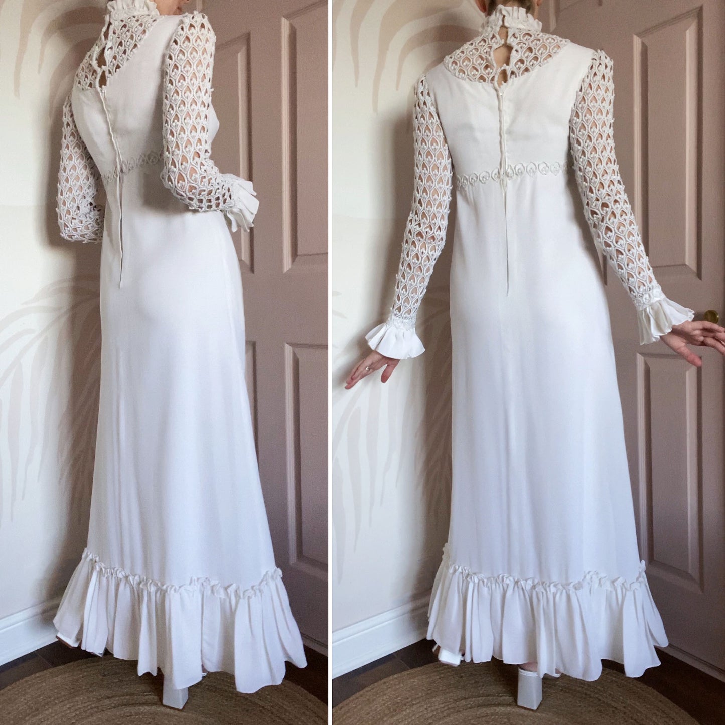 70s long sleeve crochet wedding dress UK 10