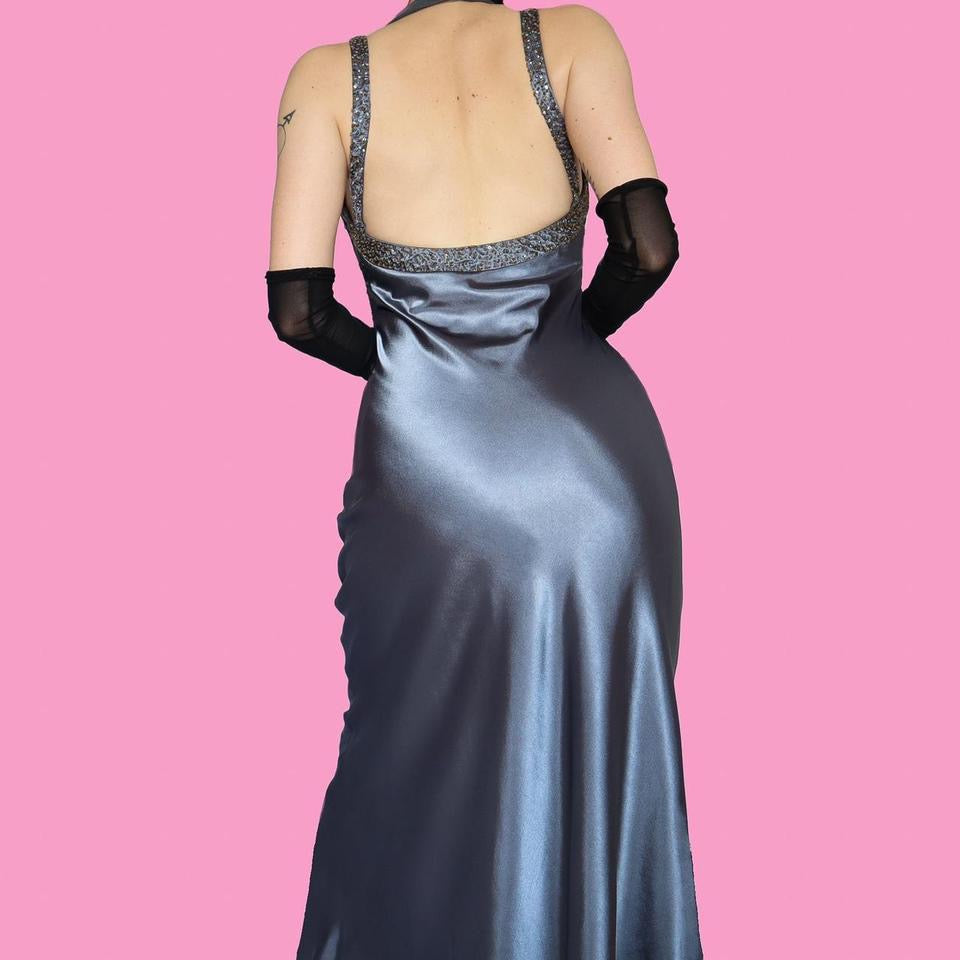 Silver beaded evening dress UK 10