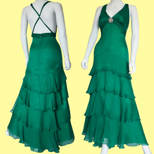 100% silk green layered evening dress UK 18