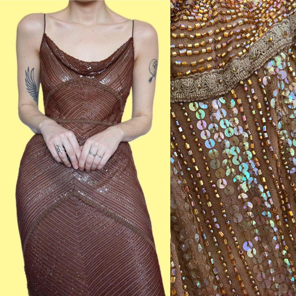 Beautiful 100% silk caramel brown party dress UK 12