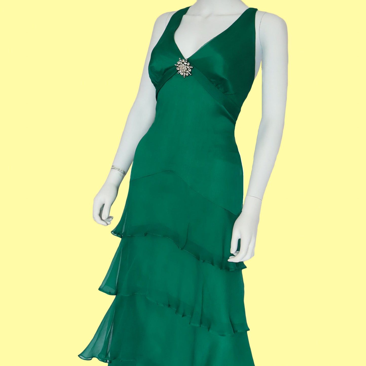 100% silk green layered evening dress UK 18
