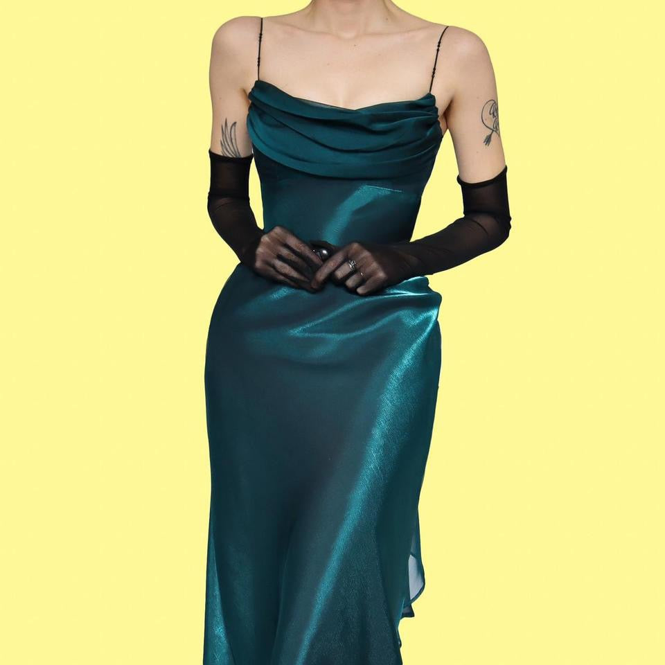 Teal petite slip evening dress UK 8