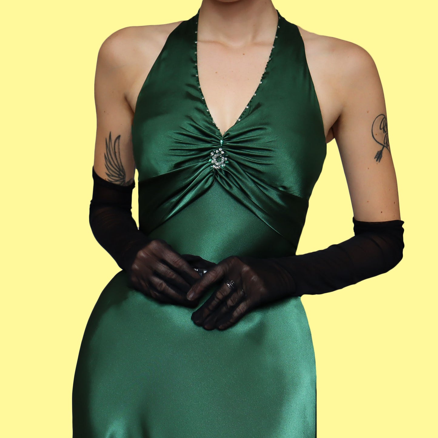 Green satin open back evening dress UK 10