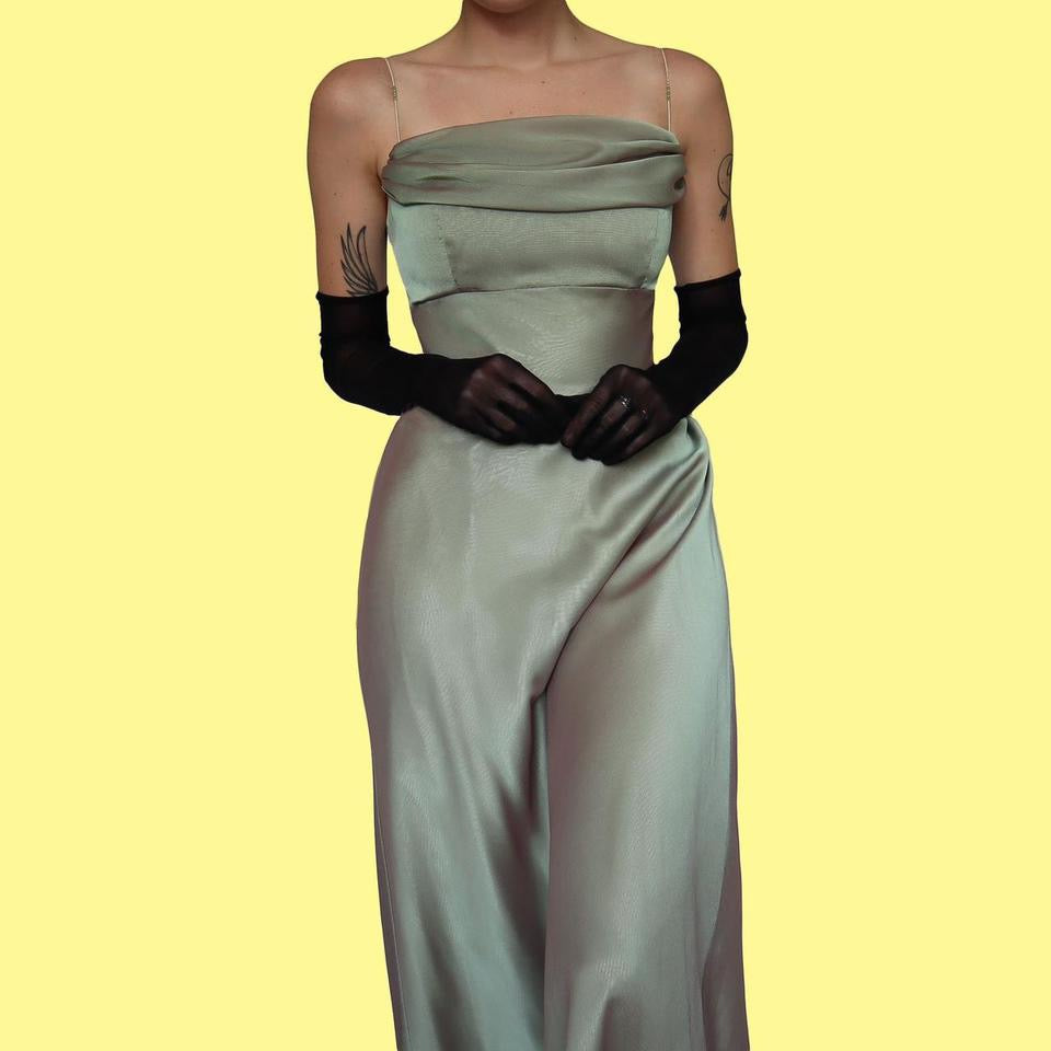 Subtle green evening dress with trail UK 10