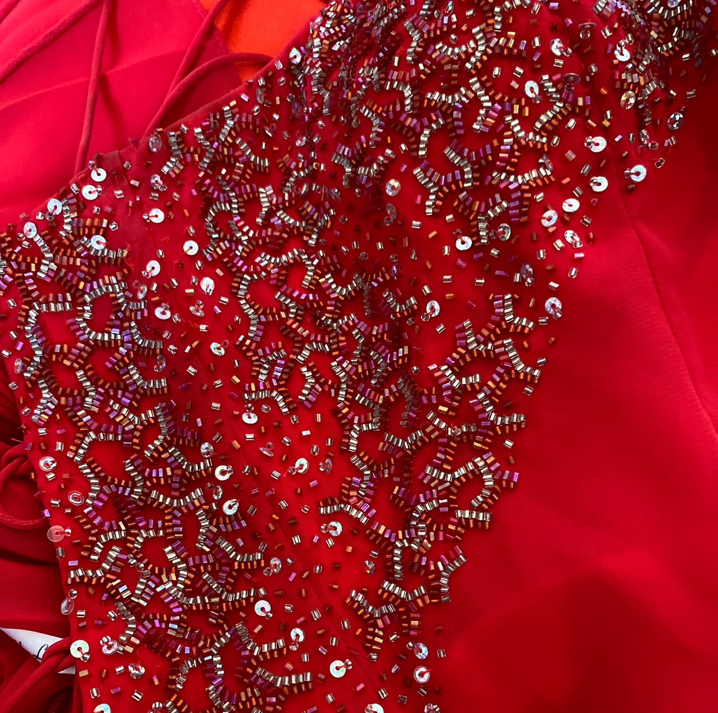 Red strapless YVE evening dress & shawl UK 12