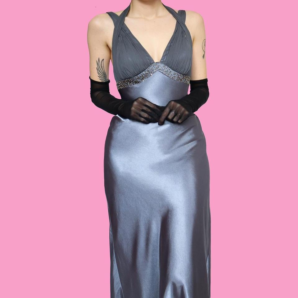 Silver beaded evening dress UK 10