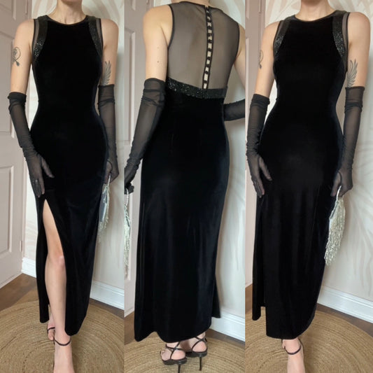 After Six black velvet beaded evening dress UK 14