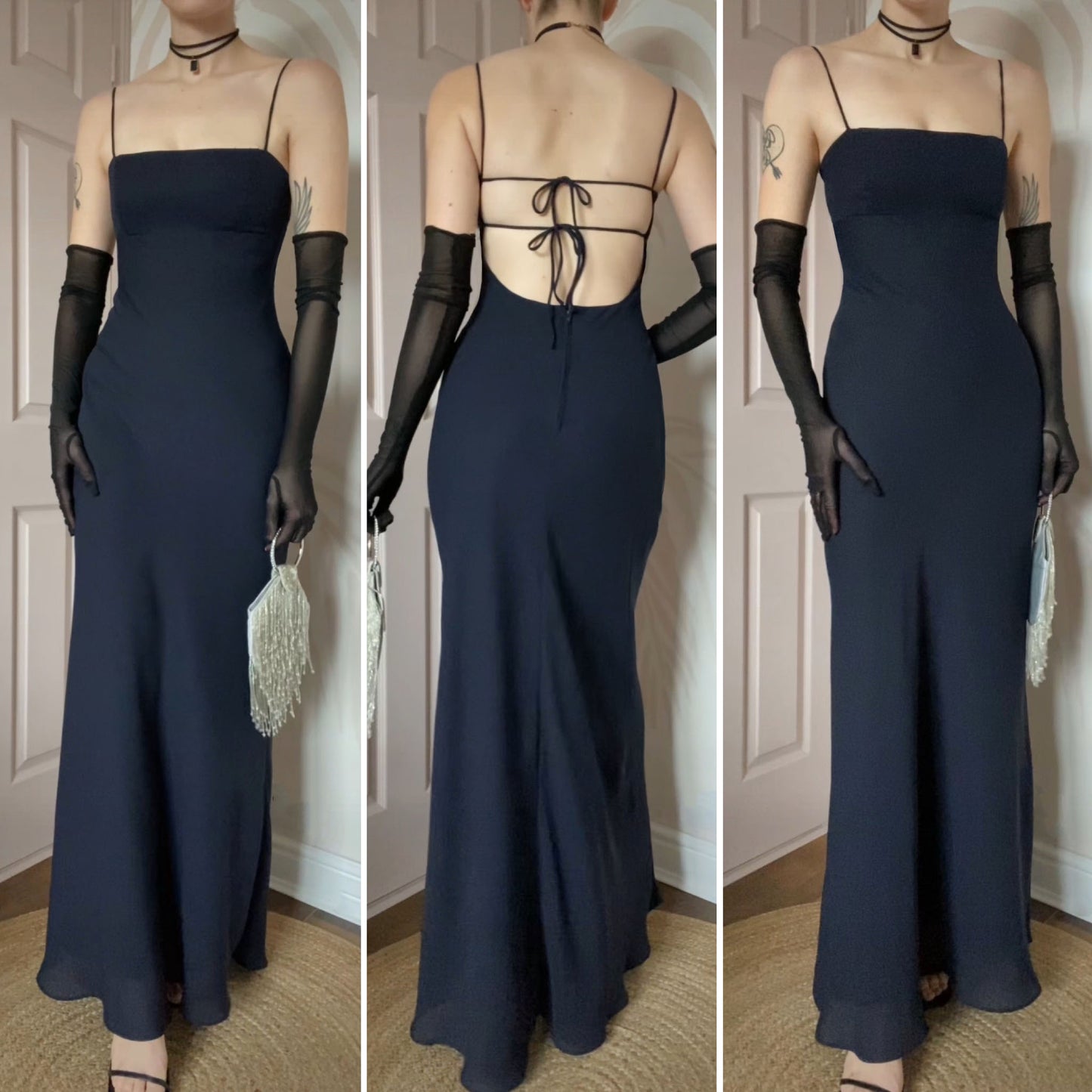 Morgan & Co navy open back evening dress UK 10
