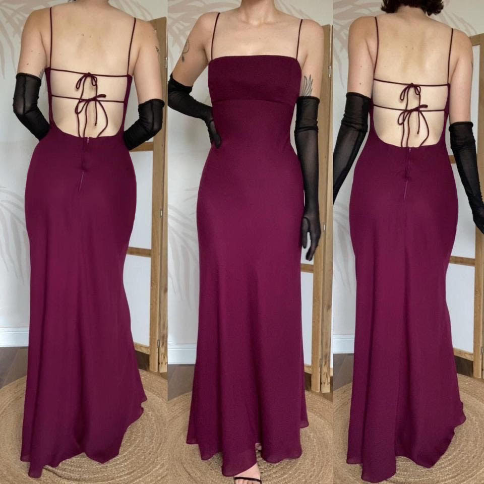 Morgan & Co vintage 90s plum open back evening dress UK 12 – Scum Vintage