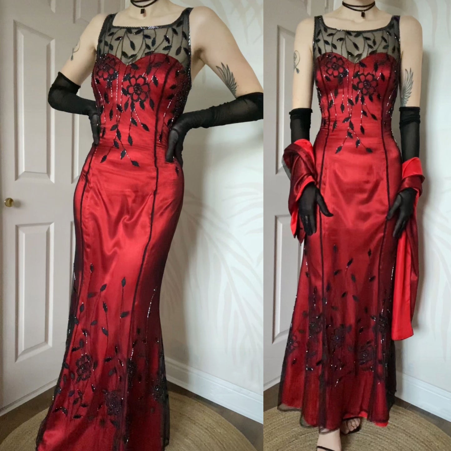 Red Jora evening dress with sheer black beaded overlay & shawl UK 14