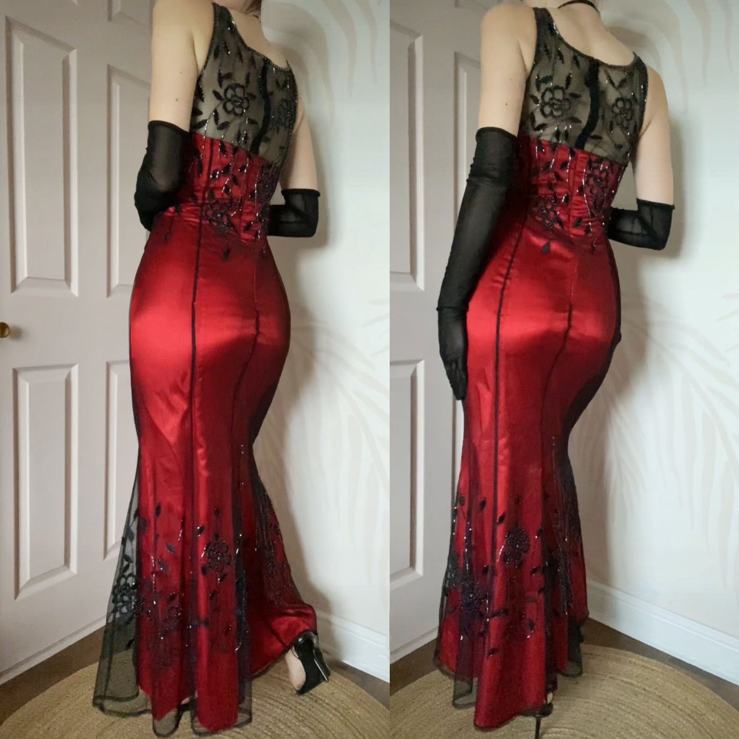 Red Jora evening dress with sheer black beaded overlay & shawl UK 14