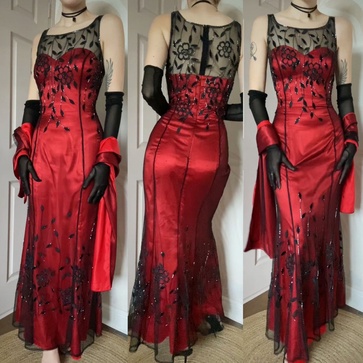 Red Jora evening dress with sheer black beaded overlay & shawl UK 14