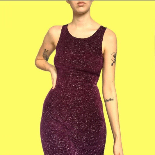 Beautiful glittery Bay Trading dark plum stretch maxi dress UK 10 - Free UK shipping