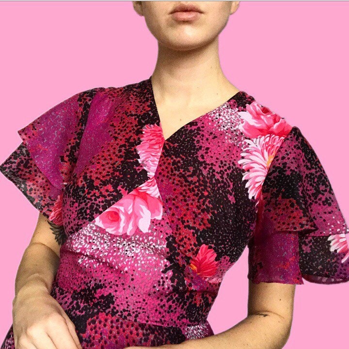 Beautiful vintage 70s pink frill floral print maxi evening dress UK 8