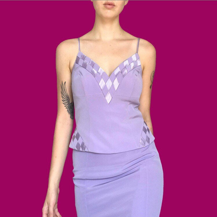 Beautiful vintage John Charles purple 3 piece top/skirt/blazer suit set UK 10