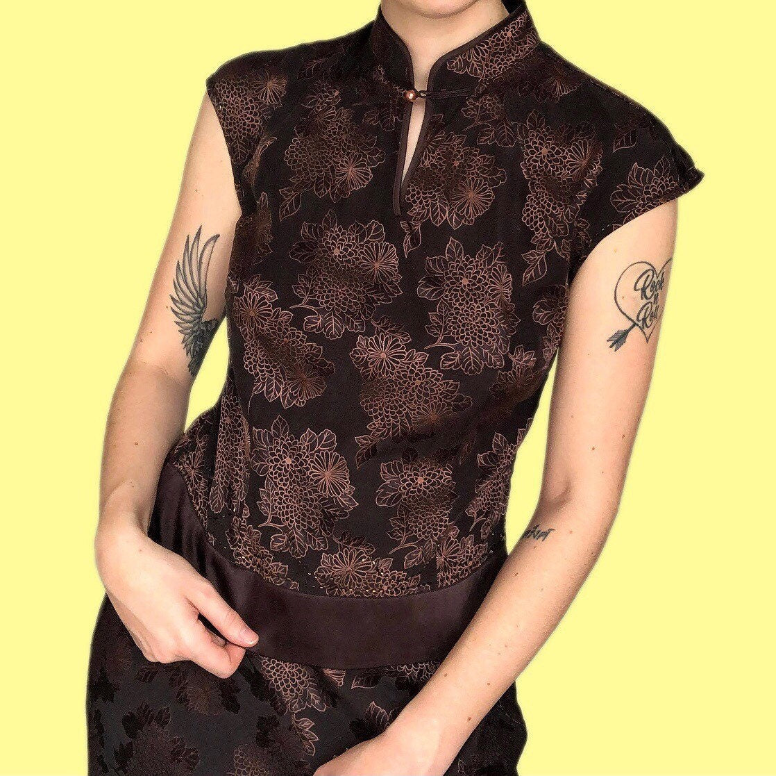 Stunning brown floral silk blend 2 piece top/skirt set UK 14