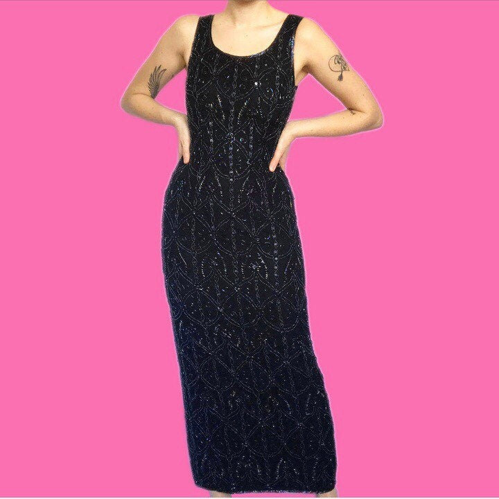 Stunning 100% silk black evening dress with iridescent beading & sequins UK 10