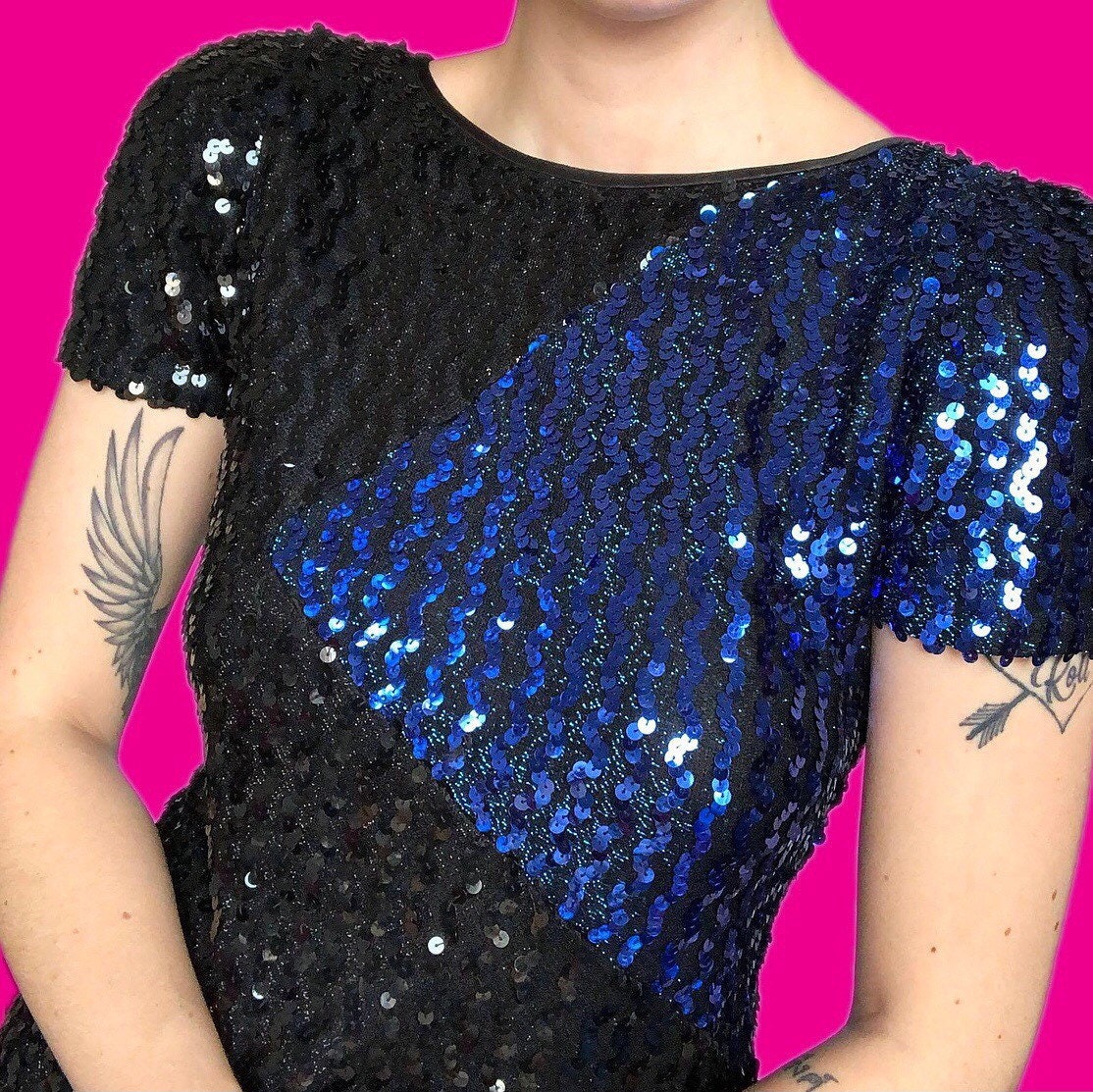 Stunning vintage black/blue sequin party dress UK 12