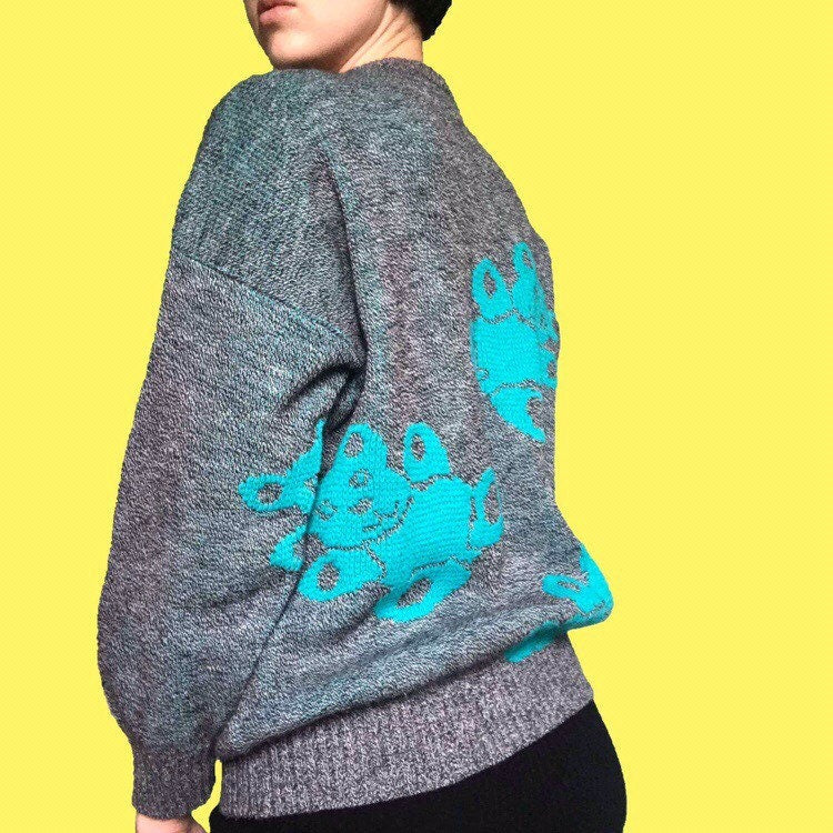 Super cute vintage teddy bear print knit crew neck jumper UK 10