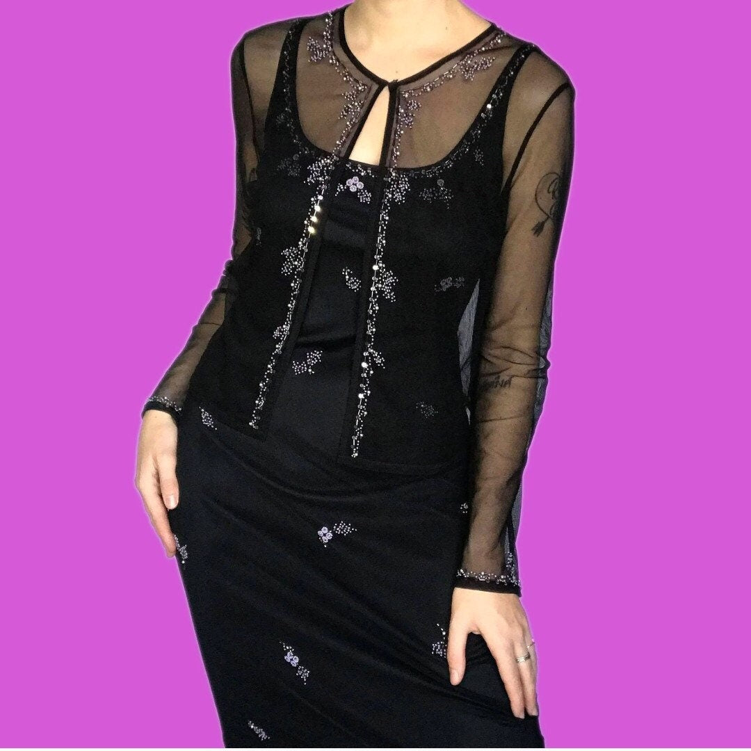 Beautiful vintage black bead detail 2 piece dress/jacket set UK 14