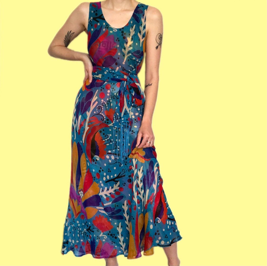 Stunning vintage REVERSIBLE funky print midi dress with matching scarf UK M