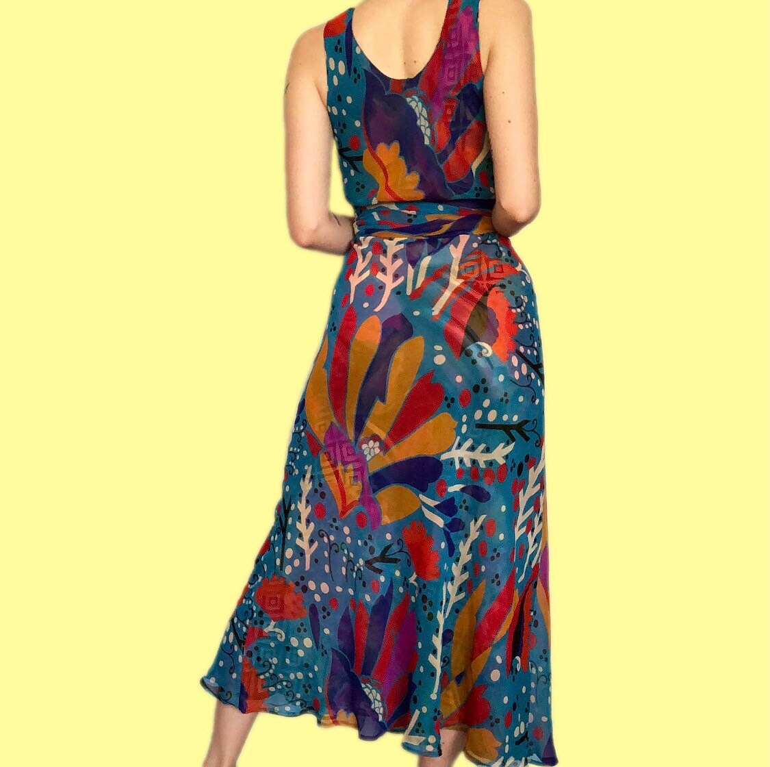 Stunning vintage REVERSIBLE funky print midi dress with matching scarf UK M