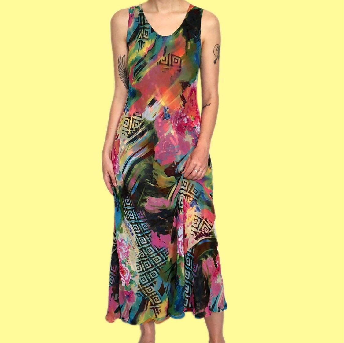 Stunning vintage REVERSIBLE funky print midi dress with matching scarf UK M