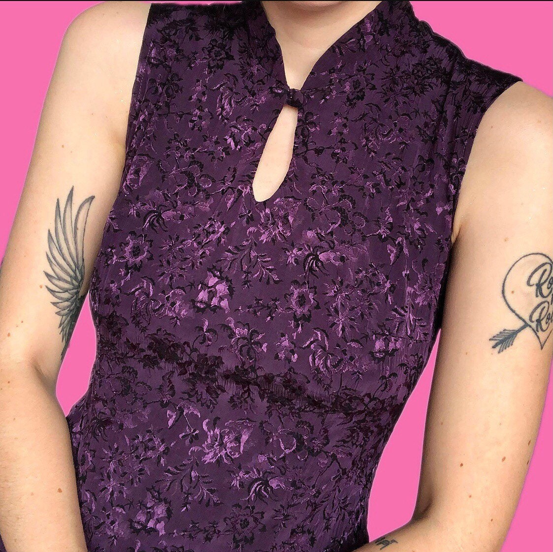 Stunning vintage purple floral cheongsam style maxi dress UK 12