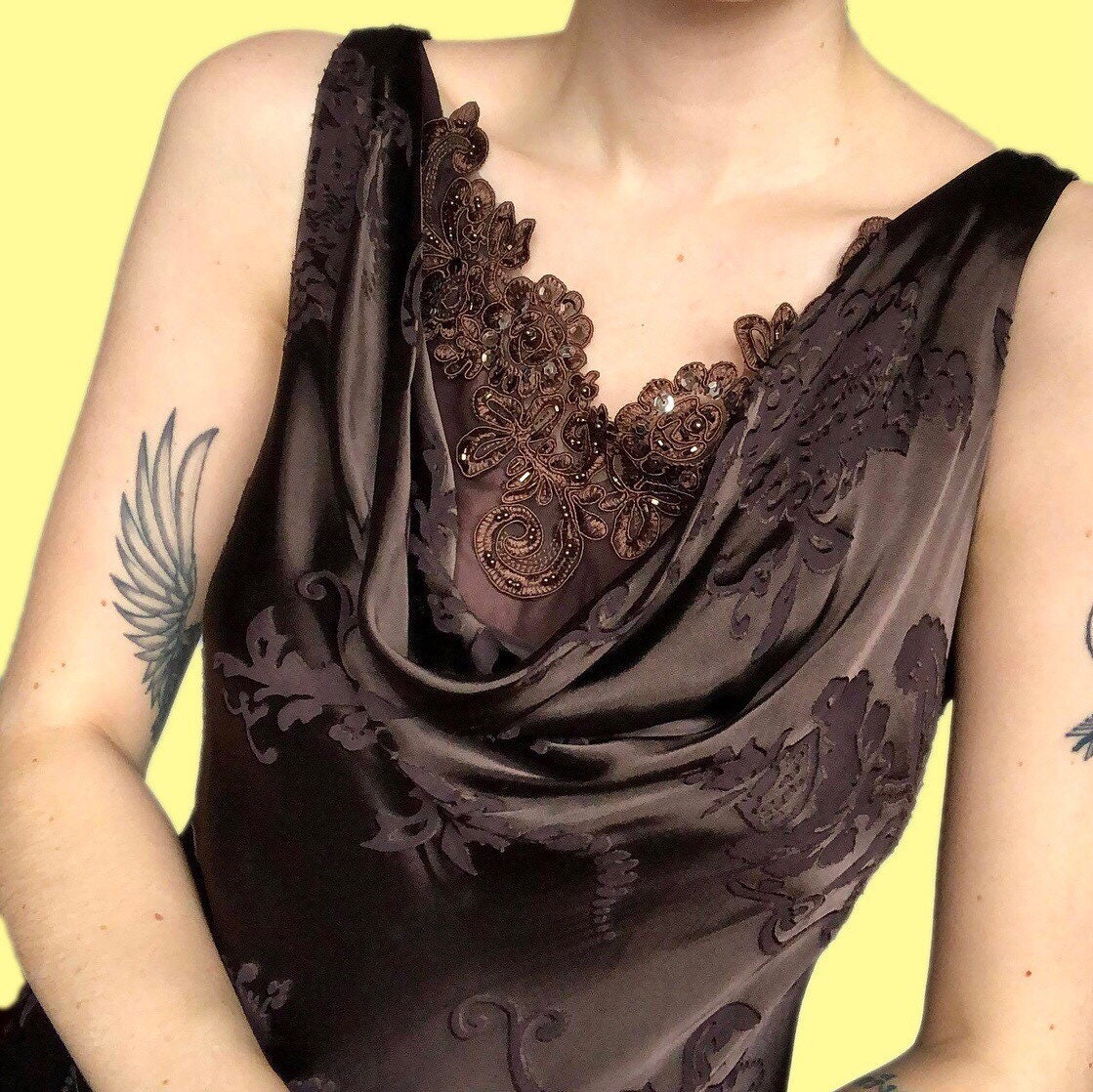 Stunning vintage Laura Ashley brown floral silk blend slip evening dress UK 12