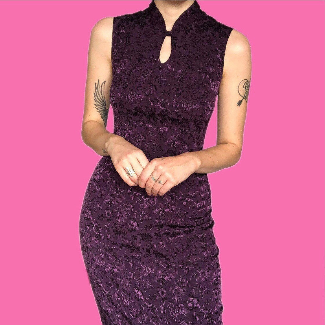 Stunning vintage purple floral cheongsam style maxi dress UK 12