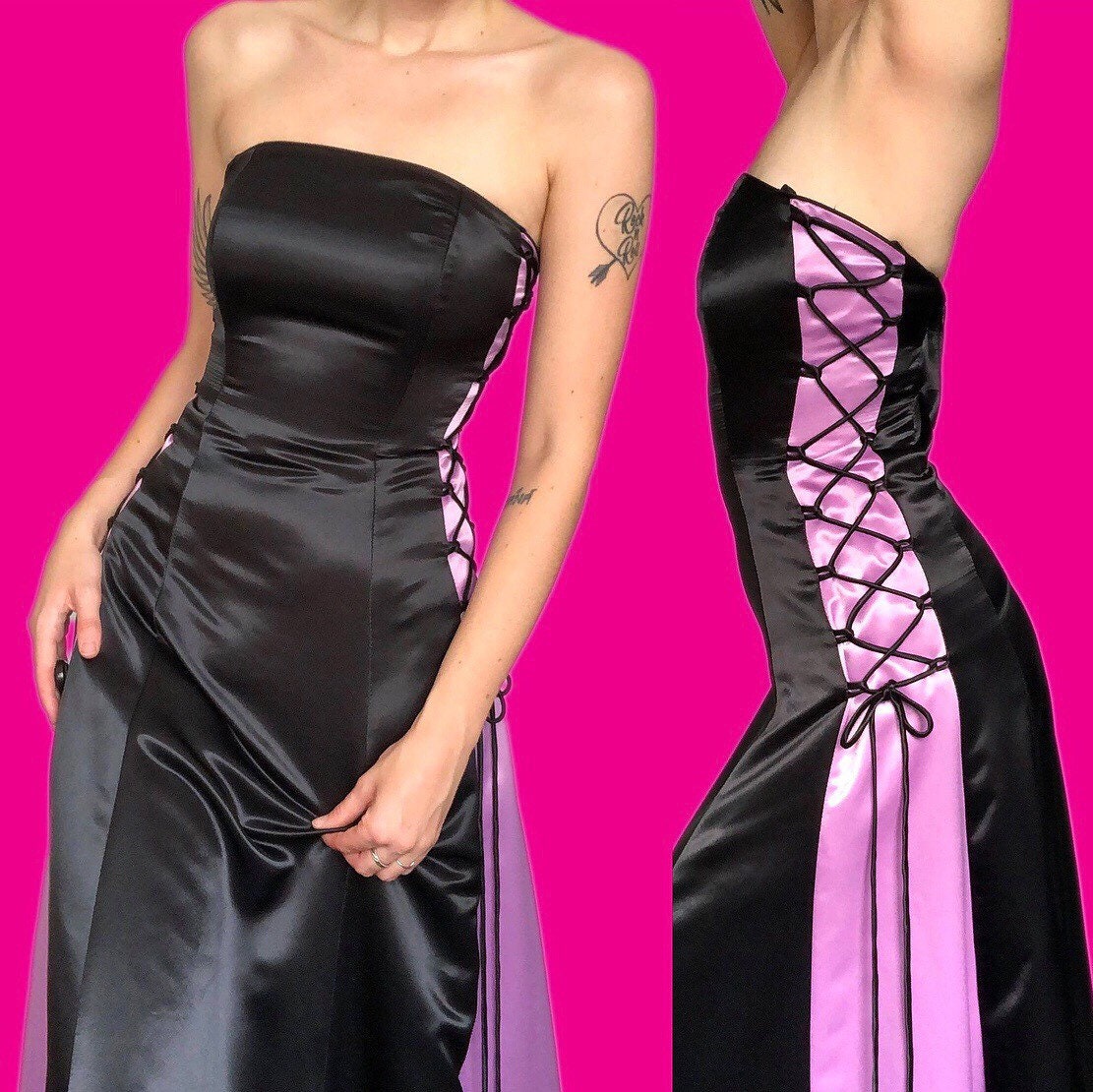 Beautiful vintage silky black strapless lace up evening prom dress UK S