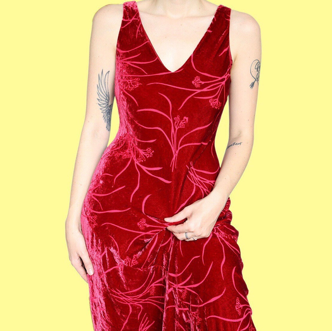 Stunning vintage red velvet floral maxi evening dress UK 12 EU 40