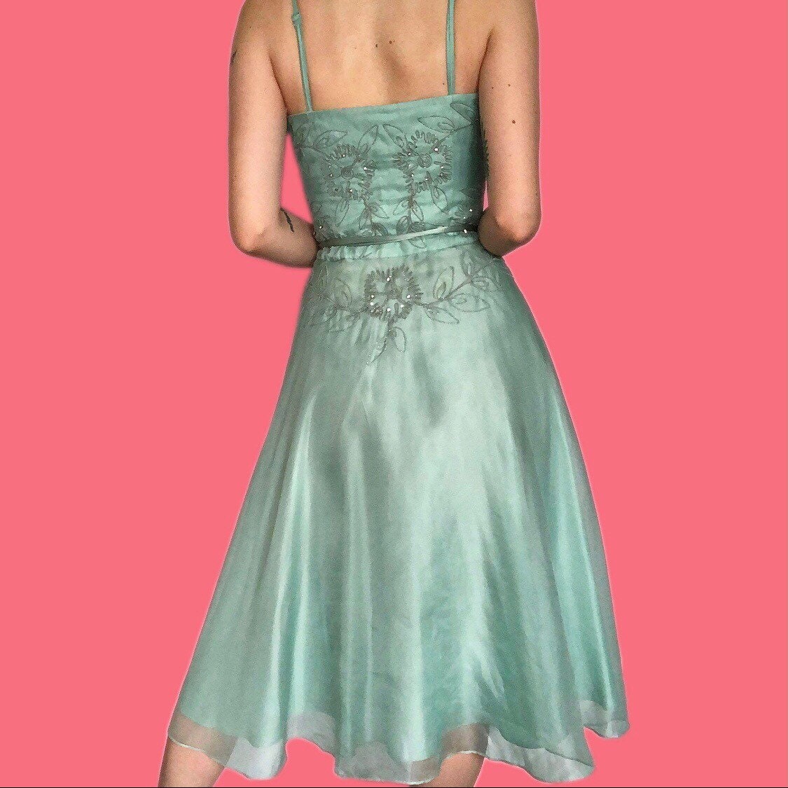 Stunning powder turquoise 100% silk evening prom midi dress UK 16
