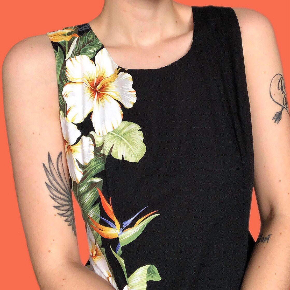 Beautiful tropical floral 100% cotton black maxi dress UK L