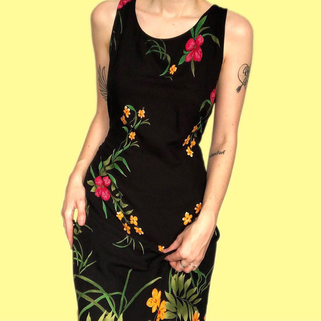 Beautiful vintage black floral print summer maxi dress UK L