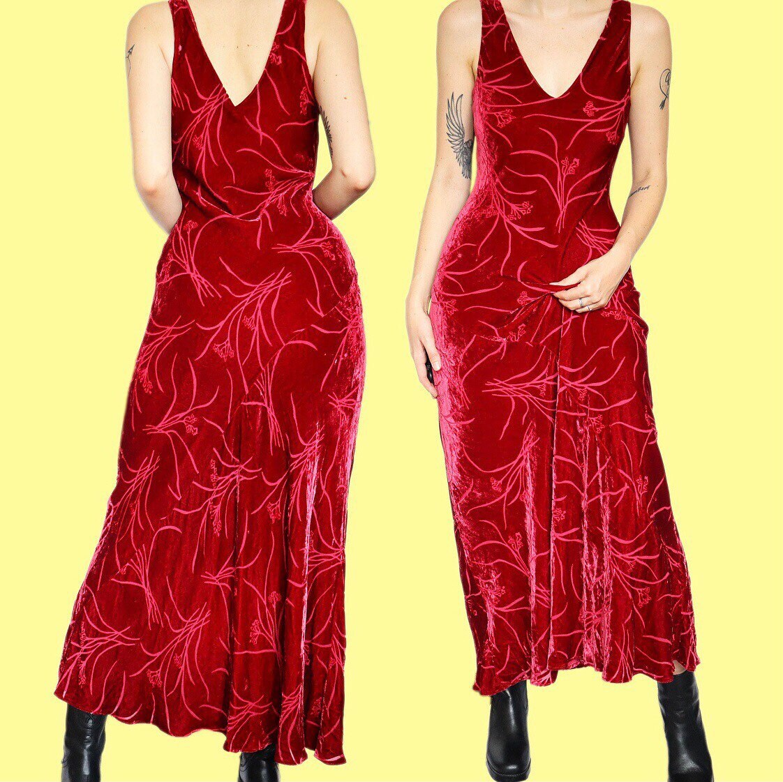 Stunning vintage red velvet floral maxi evening dress UK 12 EU 40