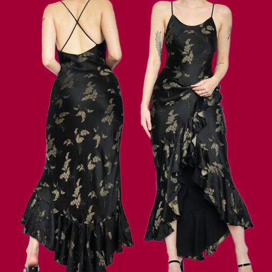 Beautiful chic black satin frilly evening dress UK 8