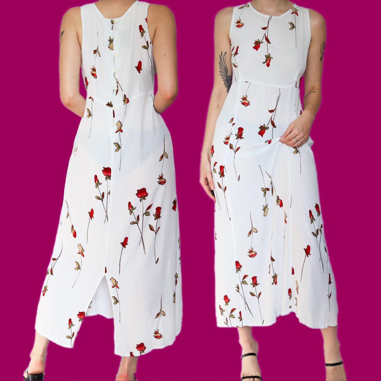 Stunning vintage white rose print summer midi dress UK 14