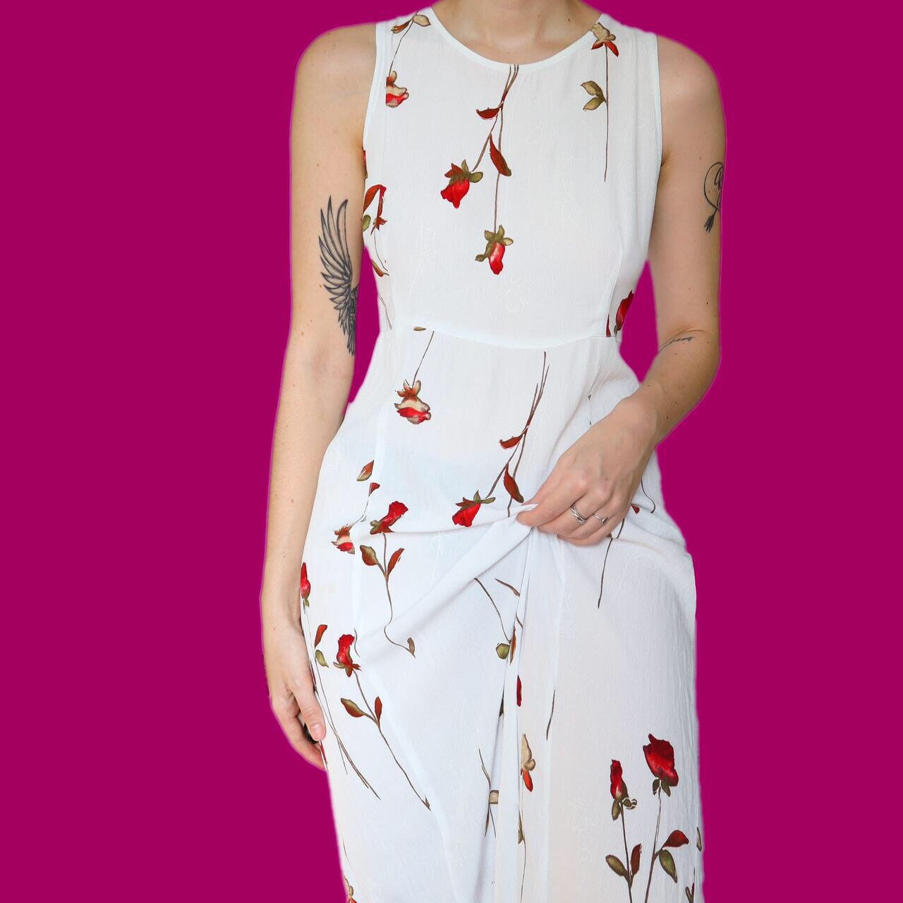 Stunning vintage white rose print summer midi dress UK 14