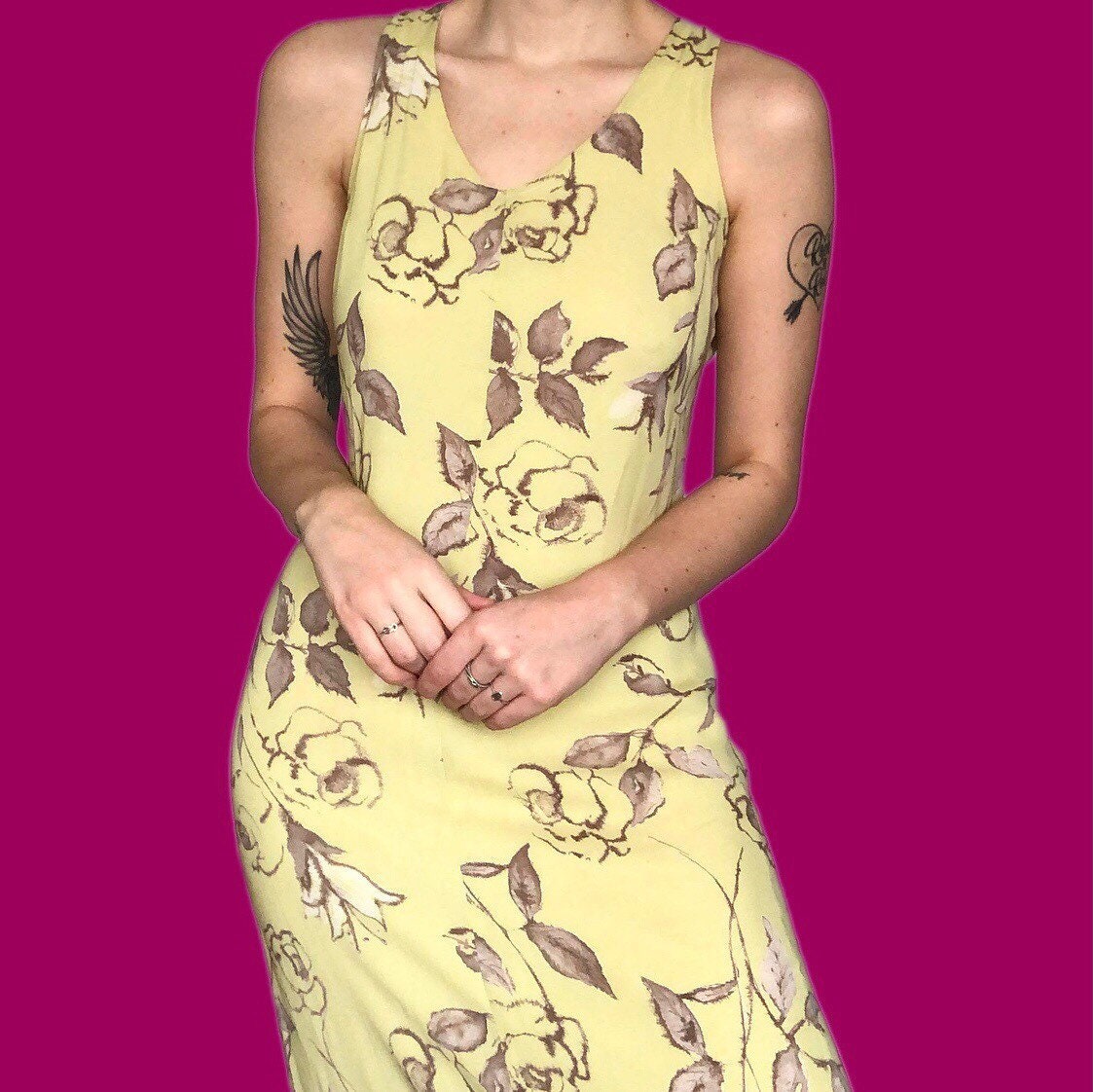 Beautiful vintage yellow floral midi dress UK S