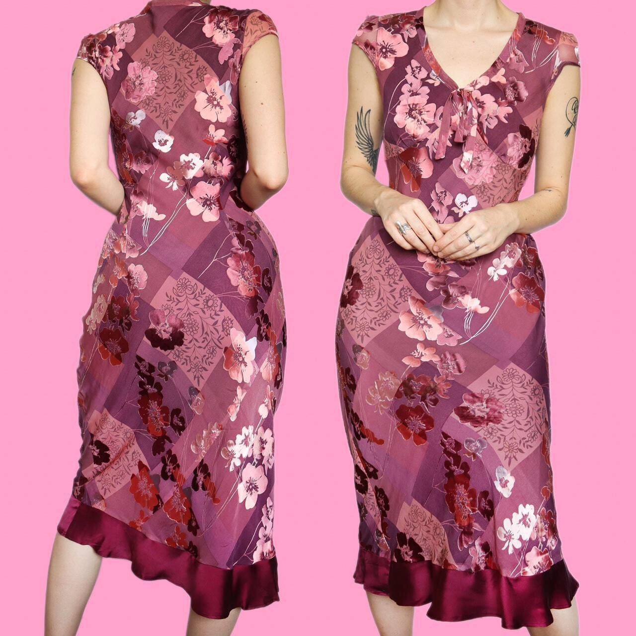 Beautiful 55% silk pink floral midi dress UK 12