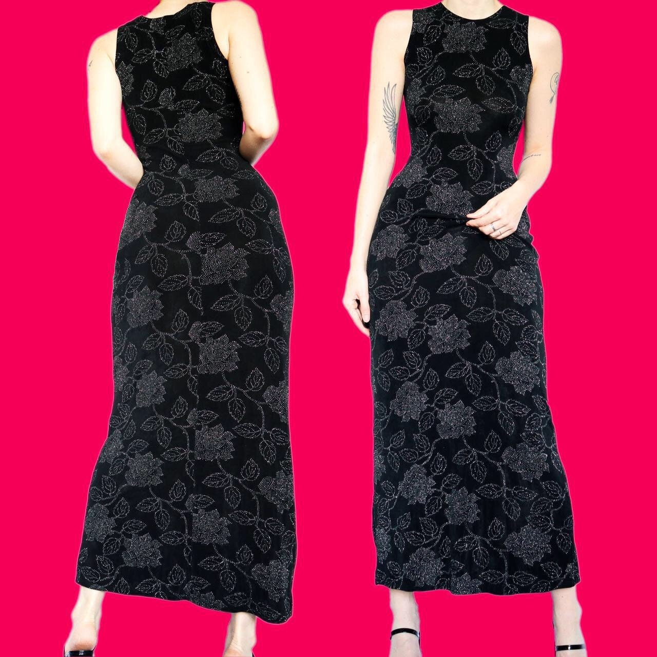 Beautiful 90s vintage black stretch glittery maxi dress UK 12
