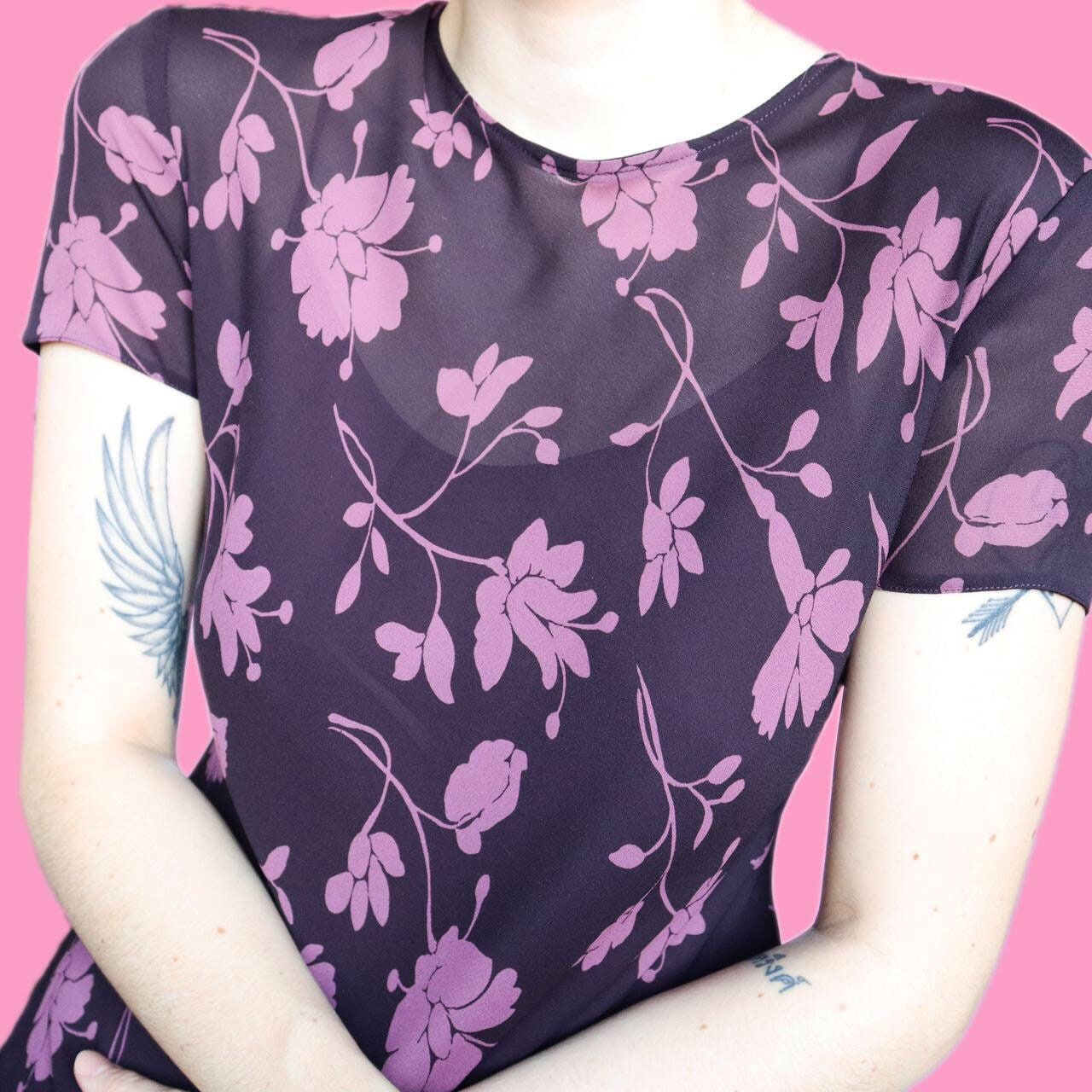 Beautiful vintage 90s purple floral chiffon short sleeve midi dress UK 12